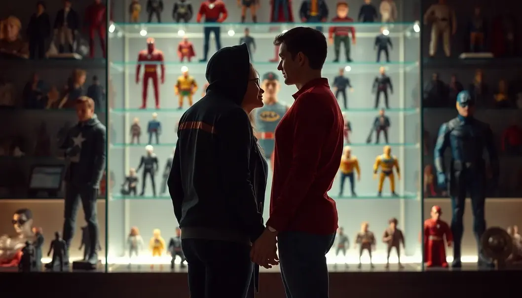 A couple holding hands in front of a display of collectible action figures.