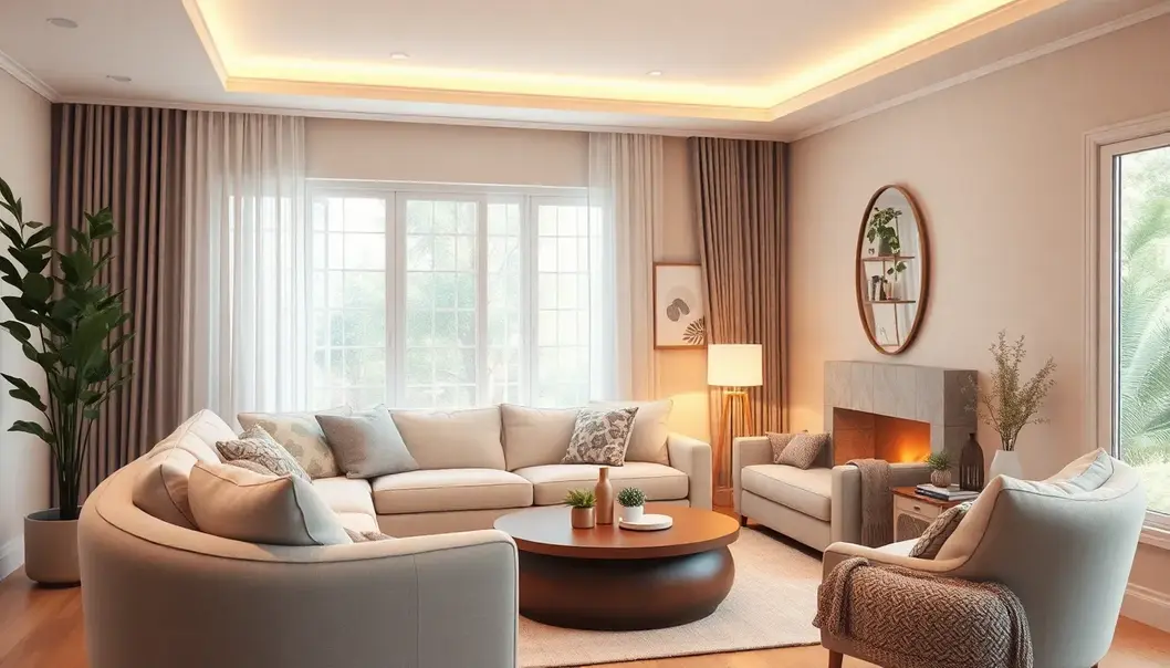 Cozy living room with plush seating, warm lighting, soothing wall colors, and family-friendly decor.