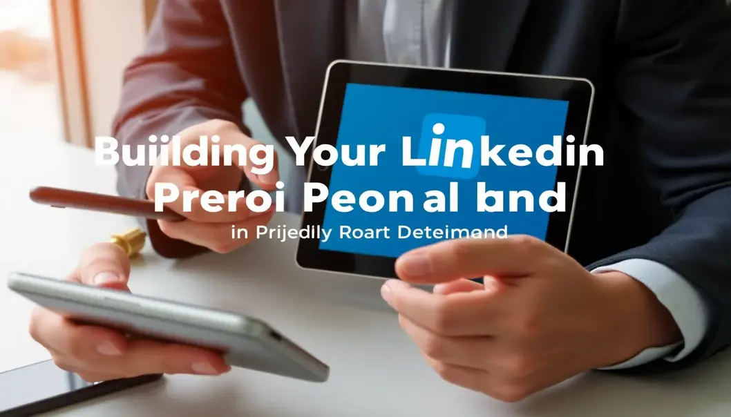 A busy professional using tech gadgets with a visible LinkedIn logo, symbolizing multitasking for personal branding.