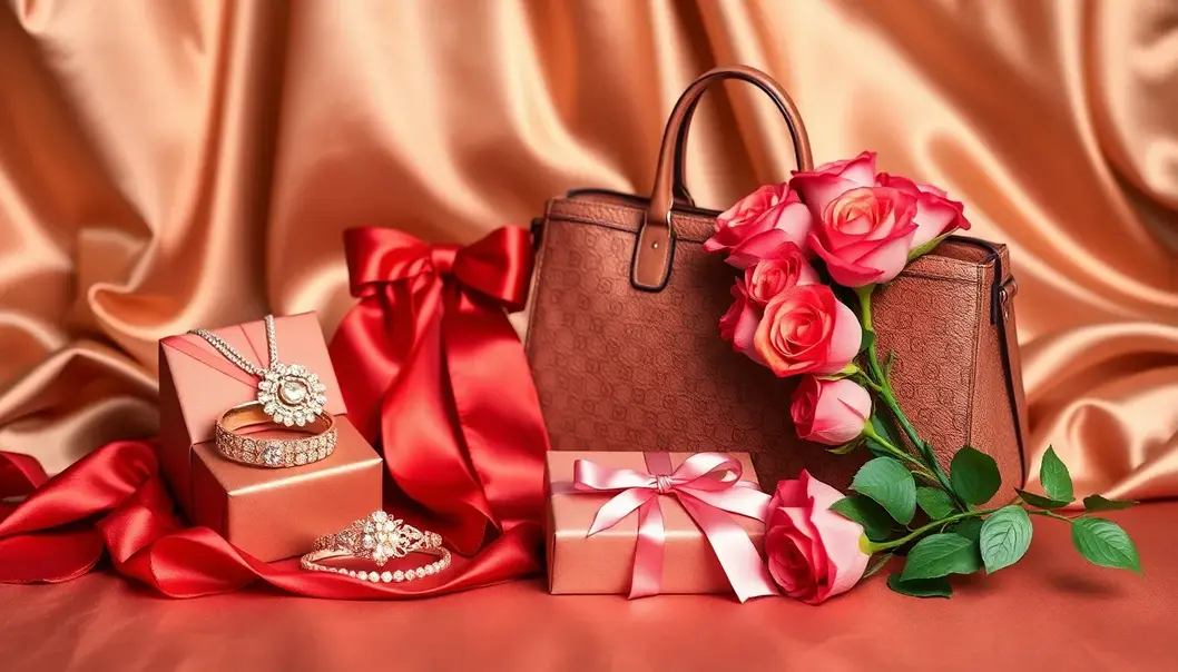 An assortment of exquisite luxury gifts arranged artfully on a silk fabric.