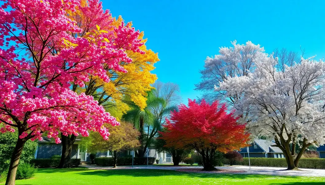 Trees showcasing spring blossoms, summer shade, autumn leaves, and winter snow in a backyard setting.