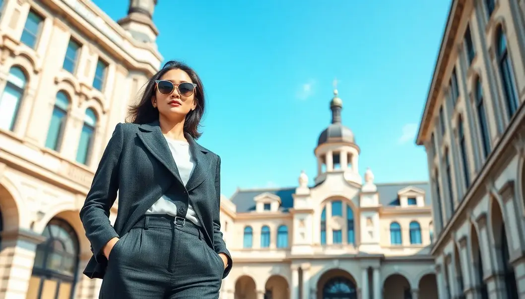 A petite woman standing stylishly in front of a modern building, embodying the harmony of style and architecture.