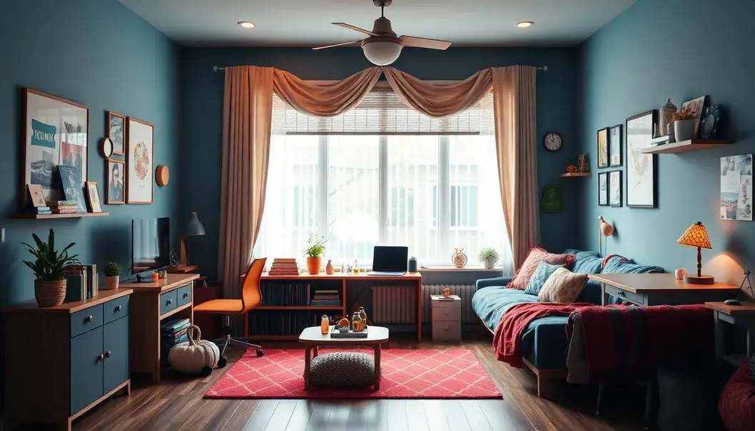 A small but stylish teen room with multifunctional furniture and colorful decor.